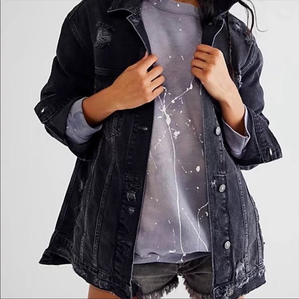 NWT Free People Distressed Black Denim Jacket Size Small
